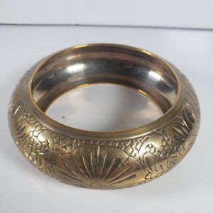 Vintage Unmarked Wide Etched Brass Floral Bangle Bracelet